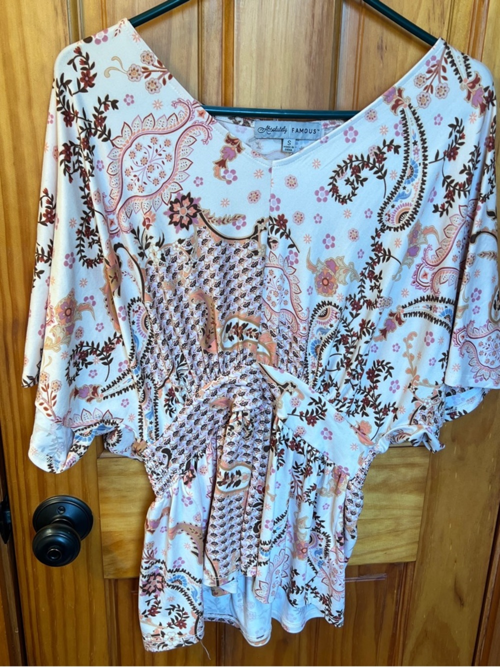 Absolutely Famous Cream and Pink Paisley Peplum Blouse